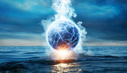 Abstract round magical energy sphere. Electric glowing ball and smoke over the sea. Blue sky