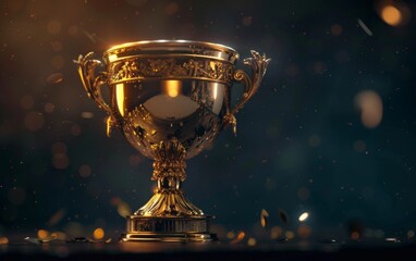 A gleaming gold trophy stands amid sparks and shimmering lights, symbolizing triumph and success in a competitive event.
