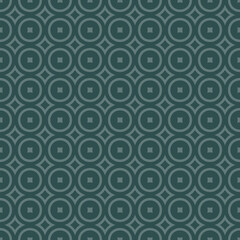 Simple vector geometric seamless texture. Abstract minimal pattern with small curved shapes, squares, circles, diamonds in regular grid, repeat tiles. Subtle dark green background. Elegant geo design
