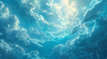Fantasy dreamland: Ethereal fish floating amidst the clouds above as birds gracefully explore the enigmatic depths below. - obrazy, fototapety, plakaty