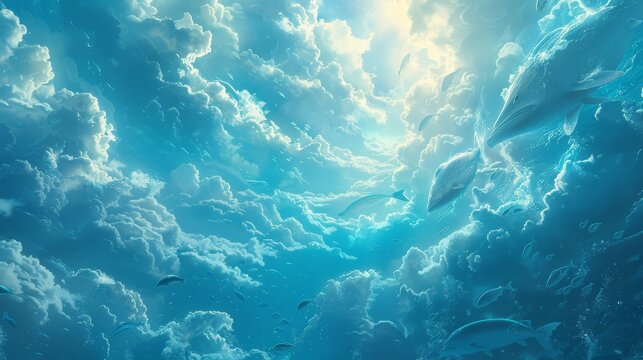 Fantasy dreamland: Ethereal fish floating amidst the clouds above as birds gracefully explore the enigmatic depths below.