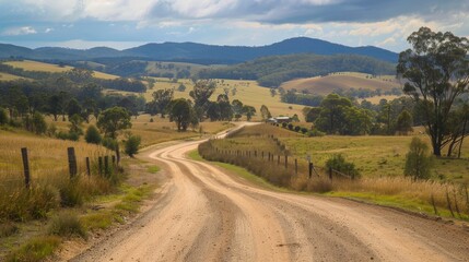 A winding dirt road leading through a rural landscap  AI generated illustration
