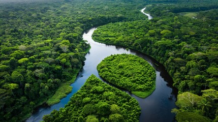 A winding river cutting through a lush forest  AI generated illustration