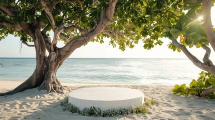 A white podium on the sandy beach adorned with a lar  AI generated illustration - obrazy, fototapety, plakaty