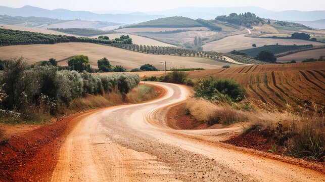 A winding dirt road leading through a rural landscap AI generated illustration