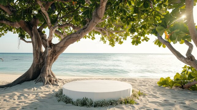 A white podium on the sandy beach adorned with a lar  AI generated illustration
