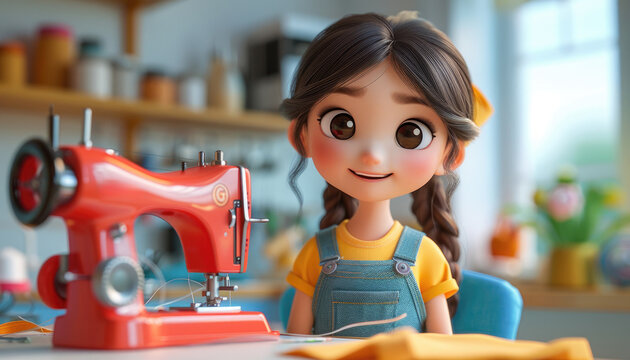 A young girl is sewing a piece of fabric with a red sewing machine by AI generated image
