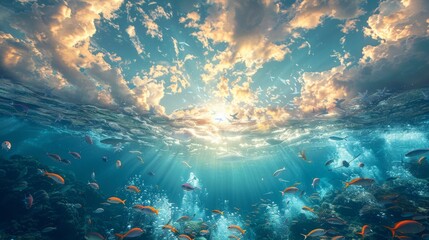 Whimsical spectacle: Fish soaring gracefully through the heavens above as birds serenely swim beneath the water's surface. - obrazy, fototapety, plakaty