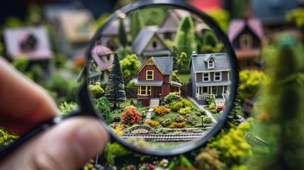 Zelfklevend Fotobehang Admiring the detailed landscaping of tiny model homes through a magnifying glass  AI generated illustration © ArtStage