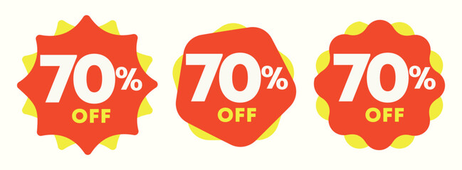 70% off. Special offer sticker, label, tag. Value discount poster, price. Shapes in yellow and red. Promo, discount, sale, store, retail, mall. Icon, vector