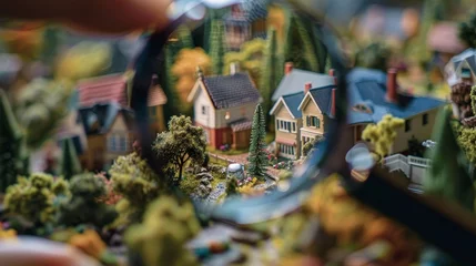 Schilderijen op glas Admiring the detailed landscaping of tiny model homes through a magnifying glass  AI generated illustration © ArtStage