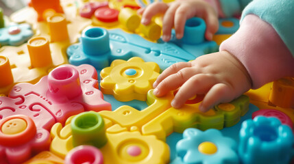Little girl playing with colorful toys. Close-up of a child's hand