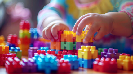Little girl playing with colorful plastic building blocks at home. Early development
