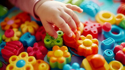 Close-up of a child's hand playing with different toys