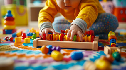 Cute little baby boy playing with educational toys at home. Early development concept