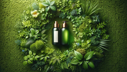 緑あふれるオーガニックな化粧品ボトルのモックアップ