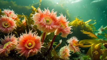 Fototapeta na wymiar Anemones blooming like vibrant flowers in the underw AI generated illustration