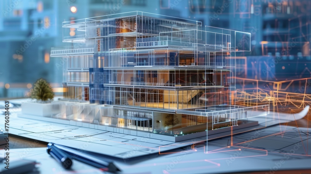 Poster blueprint sketches transforming into three-dimension ai generated illustration