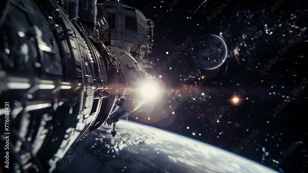 Poster stunning space image capturing orbiting satellite and distant planets. serene cosmic scene suitable 