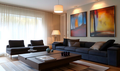interior design of a Contemporary living room, with fireplace