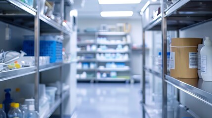Fototapeta premium Blurred image of a sterilization area with shelves o AI generated illustration