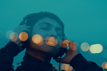 Young man enjoying the music on the headphones with bokeh lights