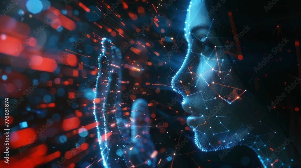 Aufkleber a woman's face is shown in a computer screen with a red and blue background. the image is abstract a