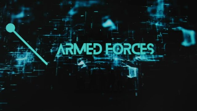 Armed Forces inscription on black background with holograms. Graphic presentation with silhouettes of armed soldiers. Military concept