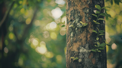 Spring concept background. Closeup view of real tree trunk isolated on green blurry natural leaves bokeh background. - obrazy, fototapety, plakaty