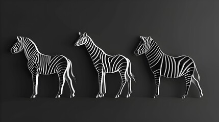 Fototapeta premium Digital illustration featuring three zebras with a striking white wireframe design set against a dark backdrop, symbolizing contrast and elegance.