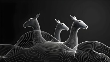 Three-dimensional wireframe sculpture of deer in motion on a fluid, wave-like dark background, showcasing digital craftsmanship.