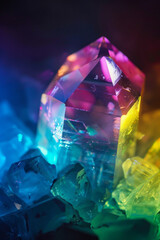 An isolated rainbow color crystal glowing in the dark