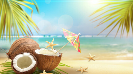 Summer concept background. Coconut drink on sand beach, summer vacation on beach bar table, Coconut drink relax rest holiday beach sand ocean.