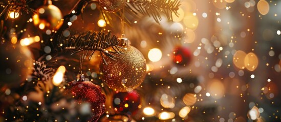 A close up of a christmas tree adorned with lights and decorations - obrazy, fototapety, plakaty