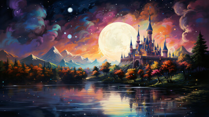 Enchanted Moonlit Castle by the Lake