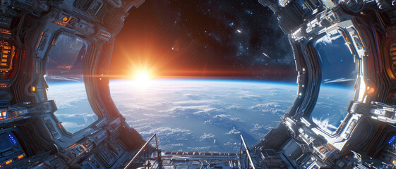 Window view of space and planets from a space station.