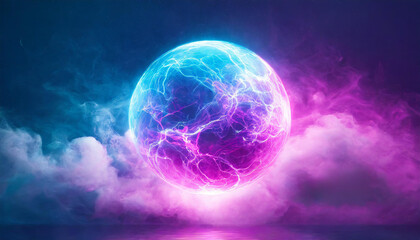 Abstract round magical energy sphere. Glowing electric ball in neon pink purple clouds of smoke.