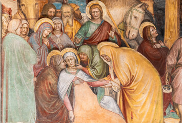 Detail of religious painting showing a group of women consoling a fainted Virgin Mary after Jesus...