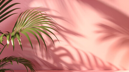 Fototapeta na wymiar Pastel Paradise: Light Pink Wall with Blurred Palm Leaf Shadows