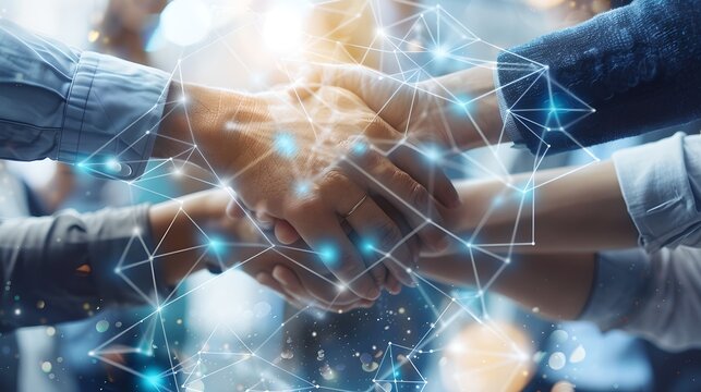 Teamwork and Connectivity Concept. Hands Coming Together with Digital Network. Business Collaboration, Partnership and Unity Theme. Modern, Stylish Representation of Team Spirit. AI