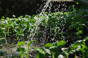 Watering plants in the garden. Sapling, harvest, farming.