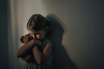 Little girl with a teddy bear in her hands in the corner of the room. Child domestic violence concept. Children Protection Day.