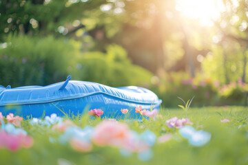 Blue inflatable mattress on the lawn with flowers in sunlight. - obrazy, fototapety, plakaty
