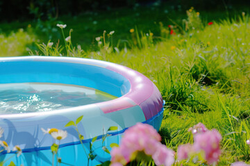 Inflatable pool with clean water on a grass with flowers.