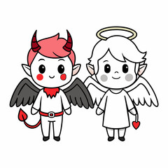 Cartoon Angel And Devil Together Line Drawing