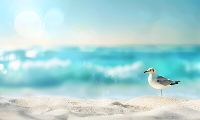 A beautiful beach white sand beach and turquoise water with a seagull. Holiday summer beach background.  - 776035034