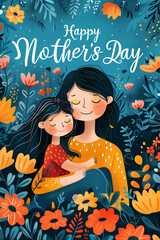 Mother and daughter hug each other amidst a floral background with text Happy Mother's Day. greeting card and poster concept