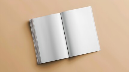 Blank open book on beige background ready for your design. Simple and clean mockup. Perfect for presentations, art and text displays. AI