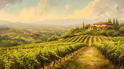 Fototapeta na wymiar Idyllic Tuscan Landscape with Rolling Hills and Vineyards Digital Oil