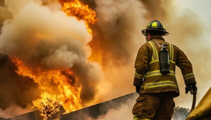 A firefighter directs a powerful stream of water towards a fierce blaze, captured amidst a smoky and intense firefight